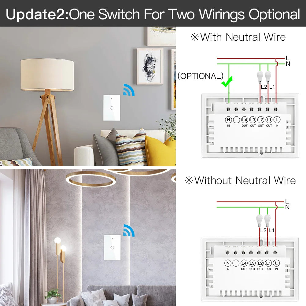 Zigbee Wall Touch Smart Light Switch with Neutral/No Neutral,No Capacitor Smart Life/Tuya 2/3 Way Control Compatible Alexagoogle