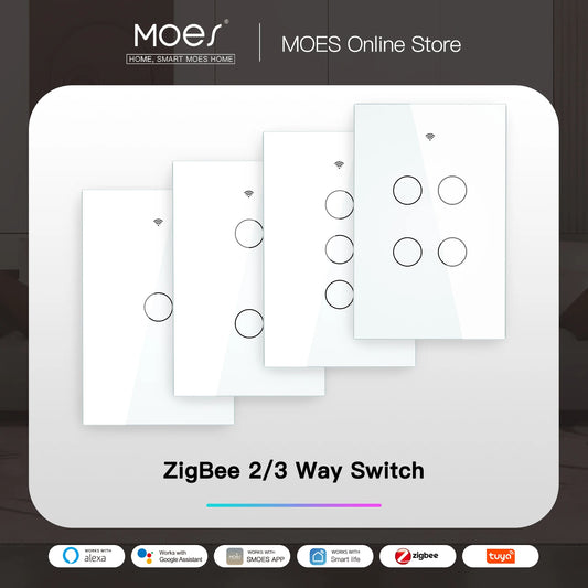 Zigbee Wall Touch Smart Light Switch with Neutral/No Neutral,No Capacitor Smart Life/Tuya 2/3 Way Control Compatible Alexagoogle