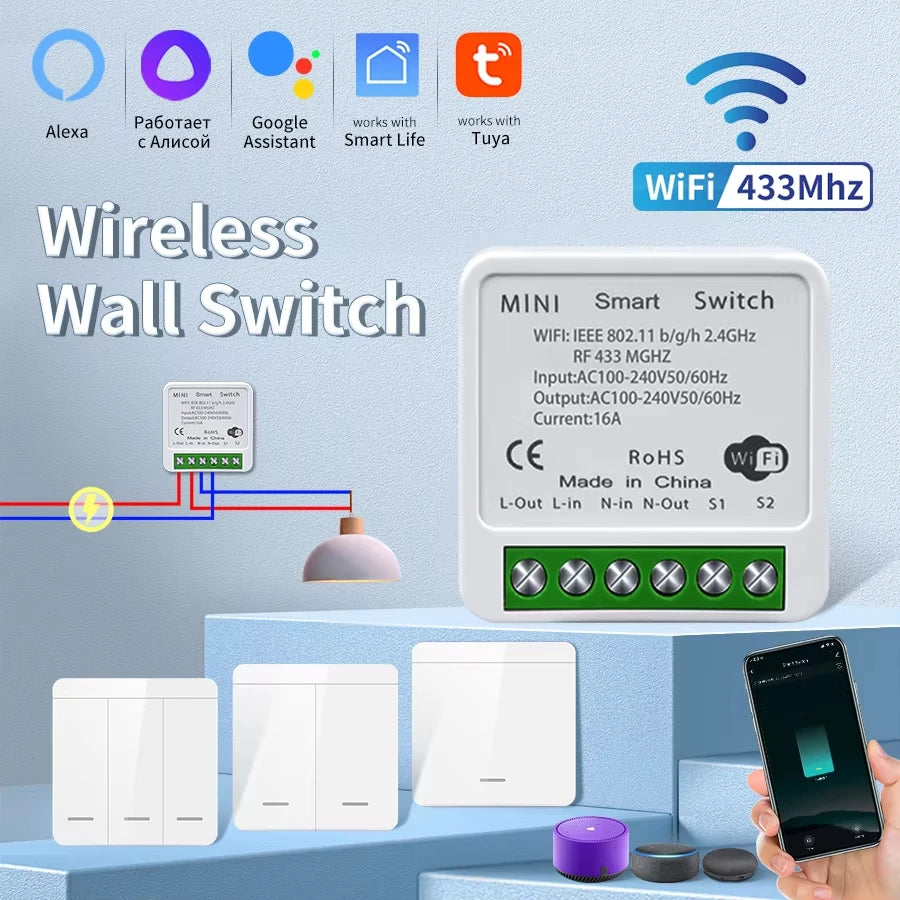 Tuya Wifi Smart Light Switch Smart Home Wireless RF 433Mhz Push Button Wall Switch via Alexa Google Home Alice Smart Life App
